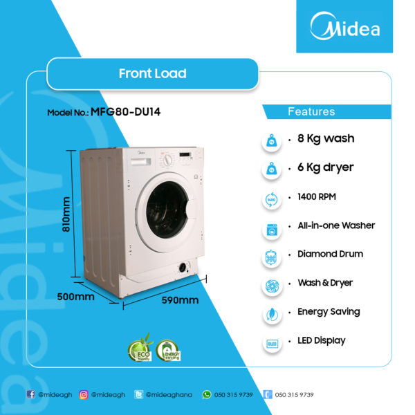 MIDEA FRONT LOAD 8KG WASHING MACHINE MF200W80WB/T - Electroland