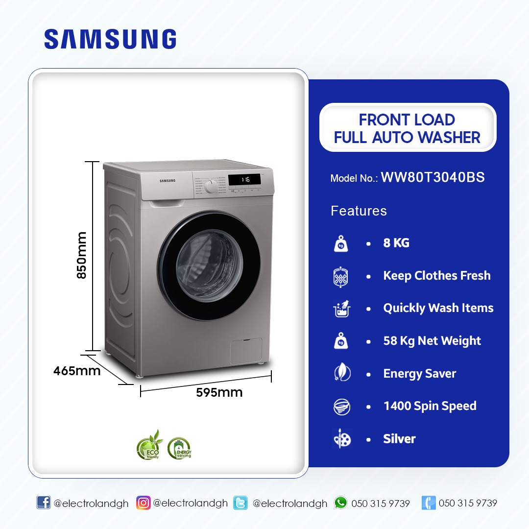 SAMSUNG 8KG FRONT LOAD FULL AUTO WASHER WASHING MACHINE WW80T3040BS/NQ Electroland