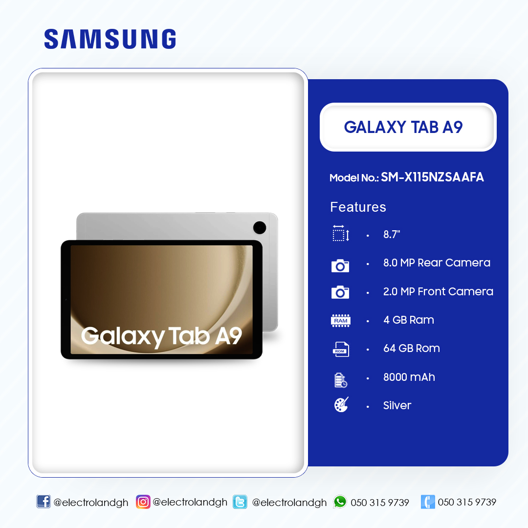 SAMSUNG-GALAXY-TAB-A9-SM-X115NZSAAFA-SILVER - Electroland SAMSUNG-GALAXY-TAB-A9-SM-X115NZSAAFA-SILVER - Electroland