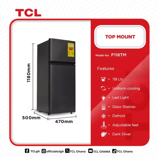 TCL Top Mount Fridge 118Ltrs - Image 2
