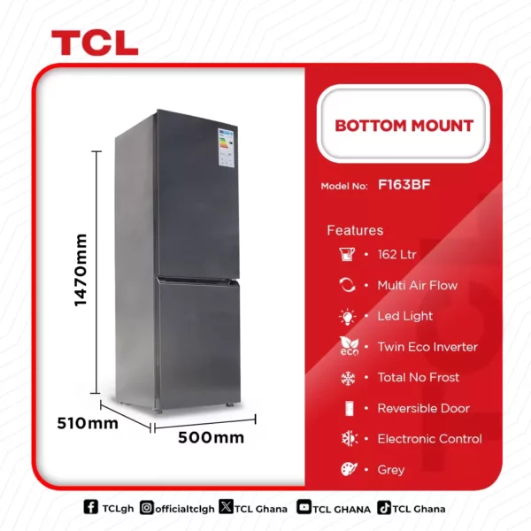 TCL Bottom Mount Fridge 162Ltrs - Image 2