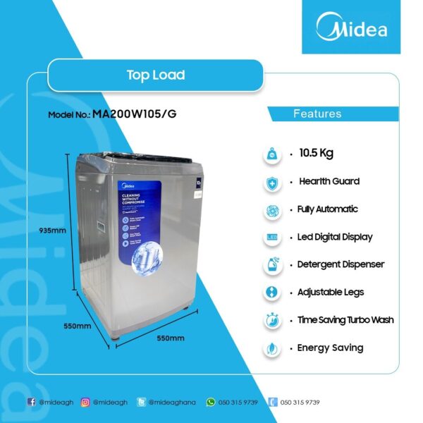 Midea 10.5KG Top Load Washing Machine - Image 2