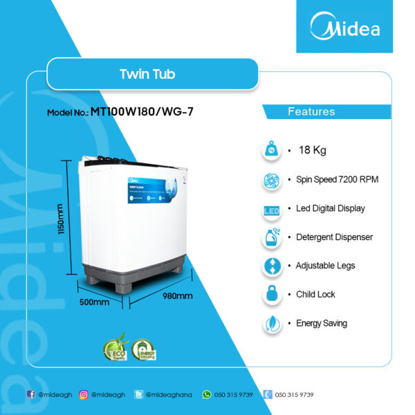 Midea 18KG Twin Top Washing Machine - Image 2
