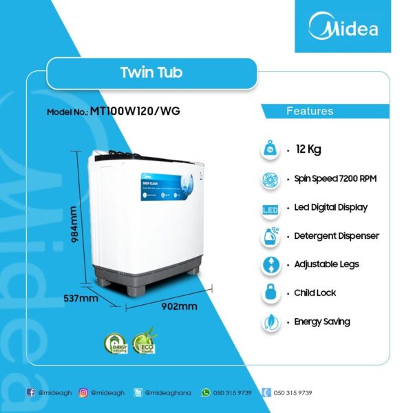 Midea 12KG Twin Top Washing Machine - Image 2