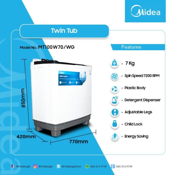 Midea 7KG Twin Top Washing Machine - Image 2