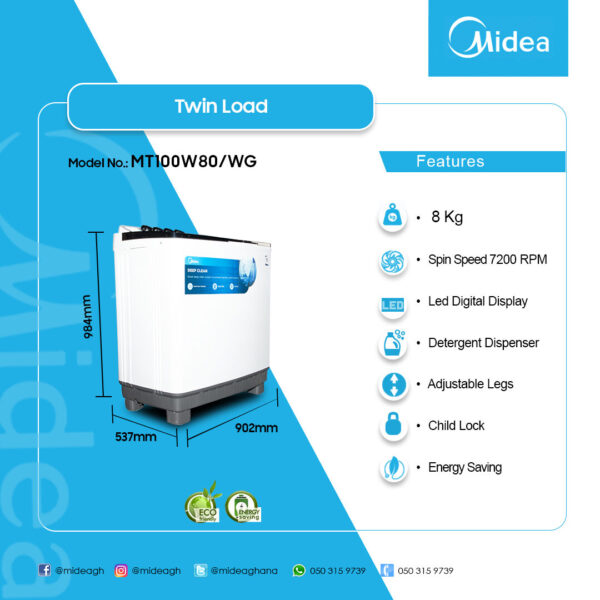 Midea 8KG Twin Top Washing Machine - Image 2