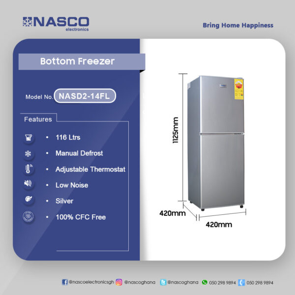 Nasco 116Ltr Bottom Freezer Refrigerator - Image 2