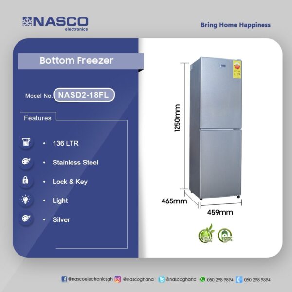 Nasco 136Ltr Bottom Freezer Refrigerator - Image 2