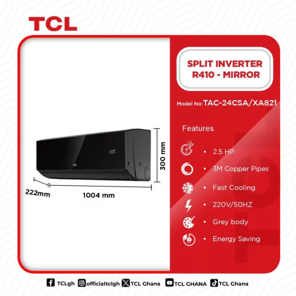 Tcl 2.5HP Split Inverter R410 Black Mirror Air Condition - Image 2